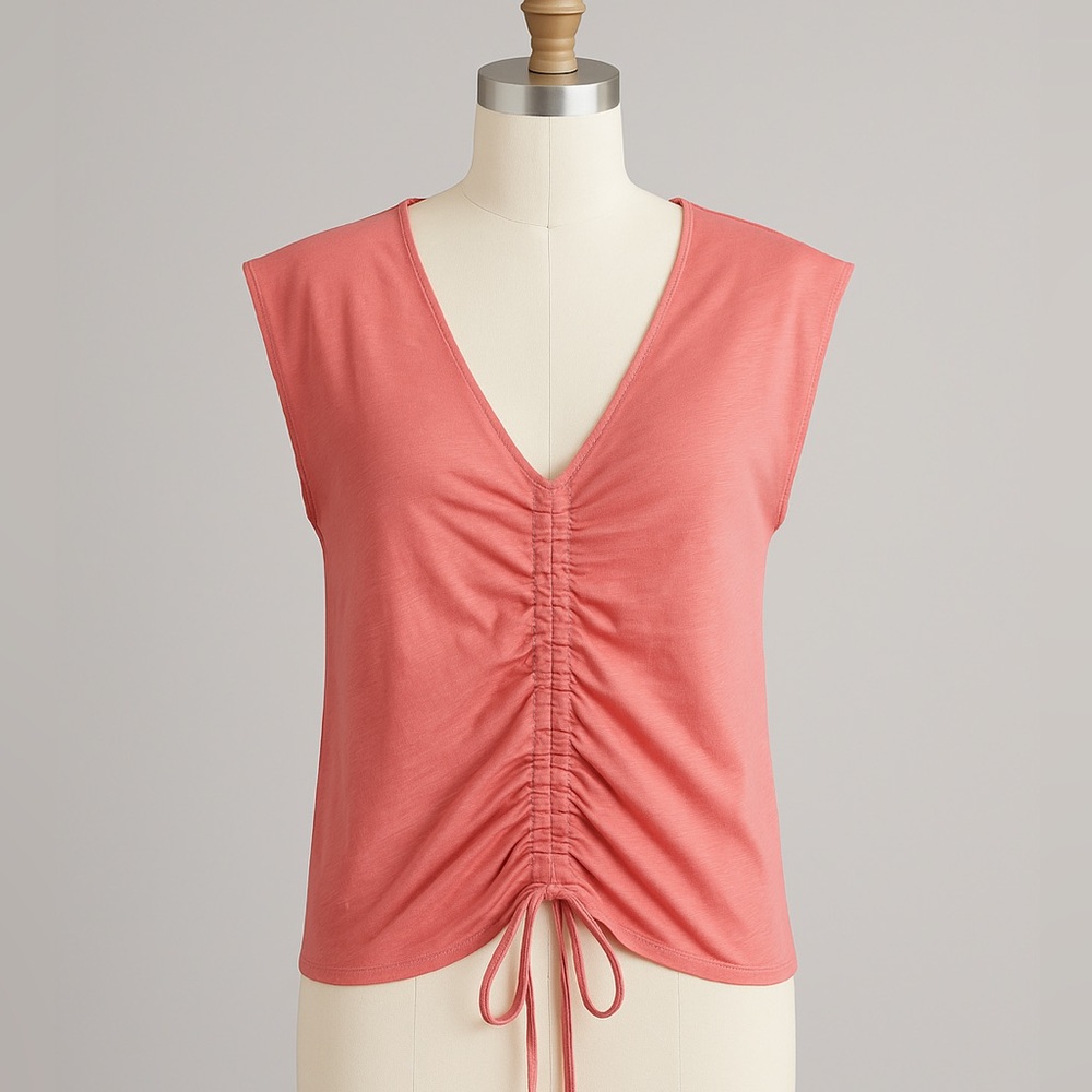 El Corte Ingles Easy Wear Pink Rushed Front Cotton Top Sz L Short Sleeve Casual